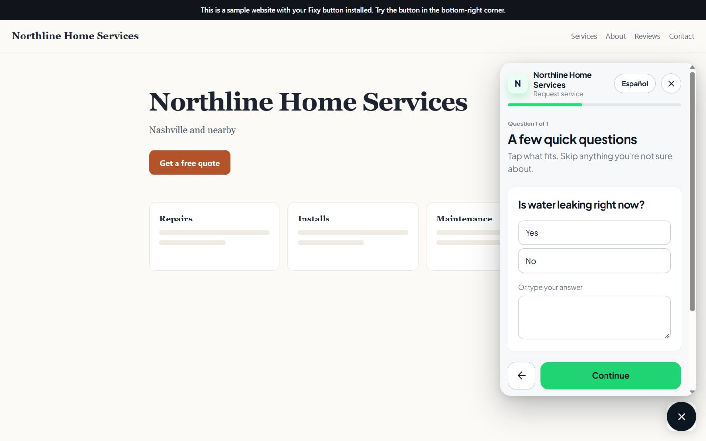 A sample contractor website with the Fixy AI request form open in the bottom-right corner