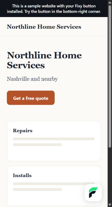 A contractor website on a phone with the Fixy button in the corner