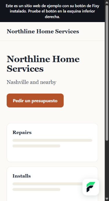 El sitio web de un contratista en un teléfono, con el botón Fixy en la esquina
